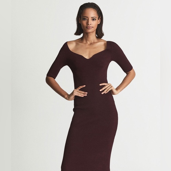 Reiss Olivia Sweetheart Neck Ribbed Midi Dress Women’s Small EUC Burgundy - Picture 3 of 8